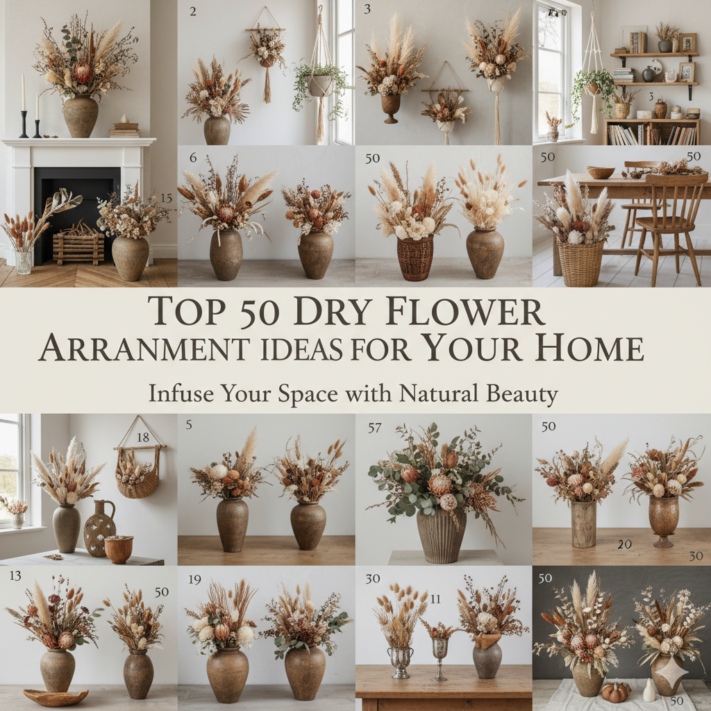 A beautiful collage of three different dry flower arrangements: a minimalist dried pampas grass vase, a rustic wreath, and a large dried floral installation on a wall